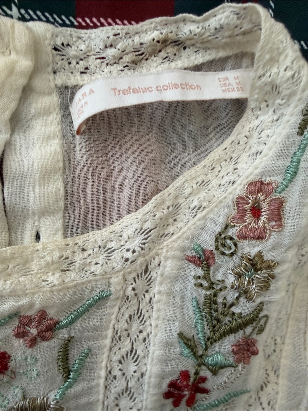 Zara Embroidered Boho Blouse with Red & Green Floral Detail - Picture 2 of 4